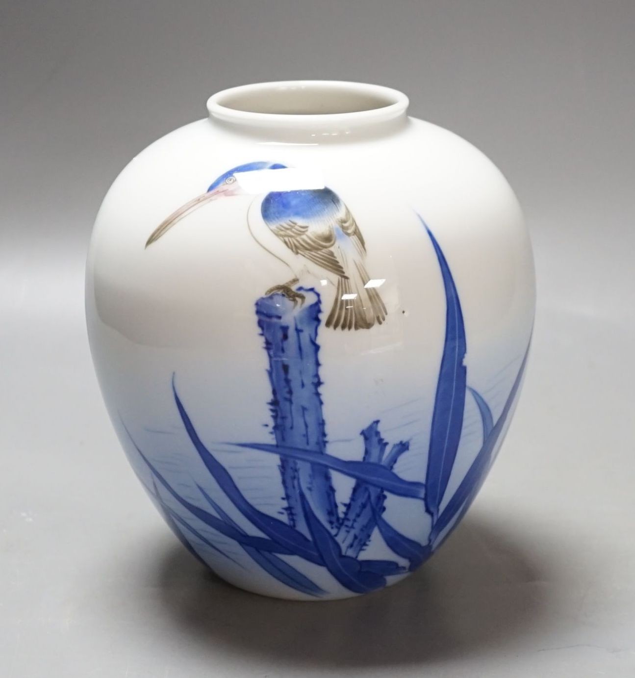 A Japanese underglaze blue, brown and red ‘kingfisher’ vase, by Fukugawa, koransha mark, 16 cms high.